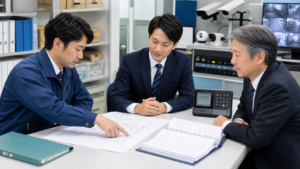 防犯カメラ保守会社のM&Aで設置図面と保守台帳を確認する関係者