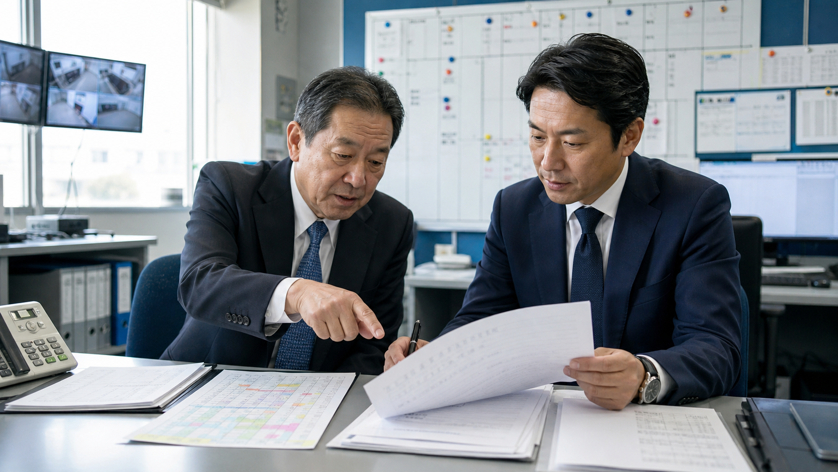 警備会社の管制・教育・契約資料を確認する経営者とアドバイザー