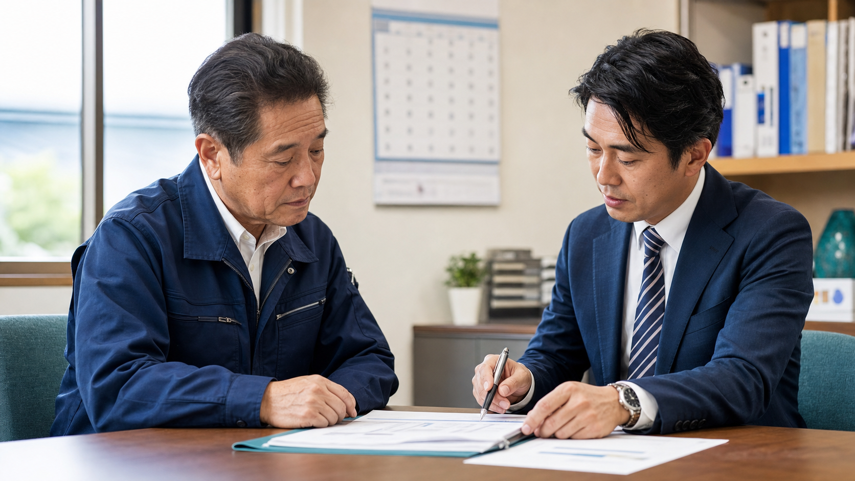 地域のセキュリティ会社の事業承継を相談する経営者とアドバイザー