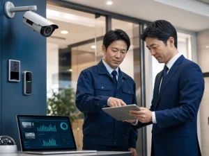 大阪府の防犯設備会社M&Aで防犯カメラと入退室管理の承継資料を確認する相談風景