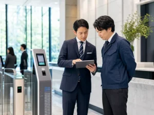 兵庫県の施設警備会社M&Aで常駐契約と隊長体制の引継ぎ資料を確認する相談風景