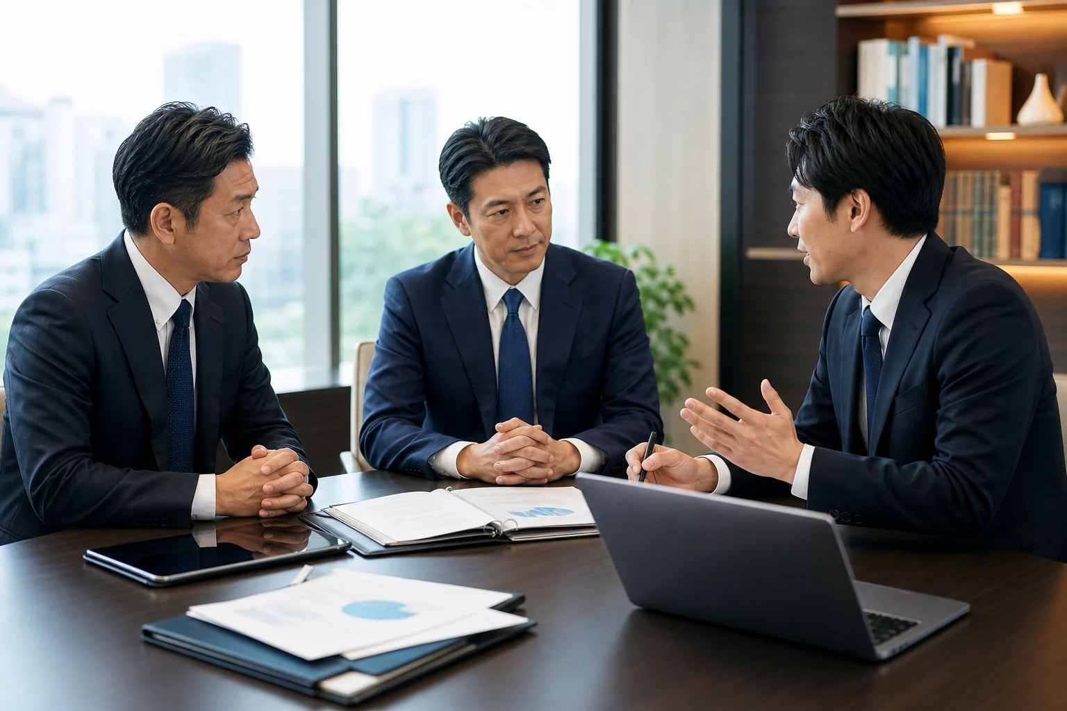 警備会社の経営者、運営責任者、M&A担当者が人員体制と承継条件を確認する様子