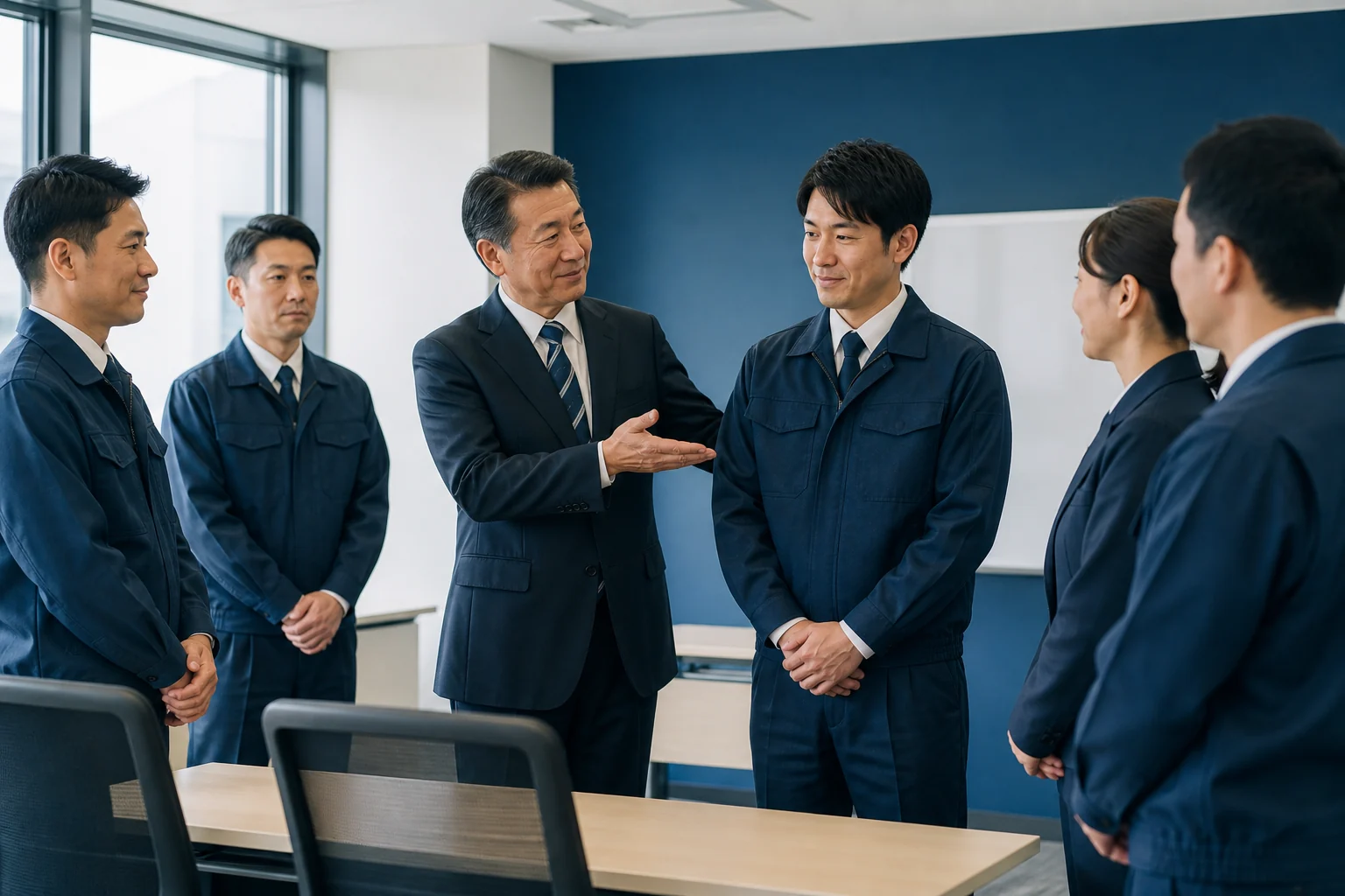 警備会社の前経営者が後継者を従業員へ紹介する事業承継の様子