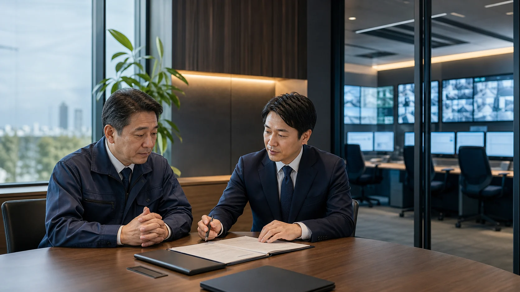 警備会社の経営者とM&A担当者が事業承継を相談する様子